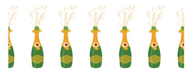 Champagne bottle seamless vector border. Hand drawn elegant sparkling alcoholic drinks horizontal repeating pattern. Use for party invites, celebrations, greeting cards, holiday decor, new year.