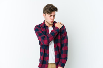 Young caucasian man isolated on white background having a shoulder pain.