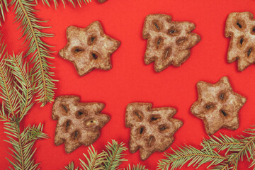 Fototapeta na wymiar Ginger cookies and fir tree branch on a red background.