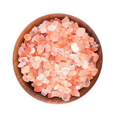 Himalayan pink salt in wooden bowl, isolated on white background. Himalayan pink salt in crystals....