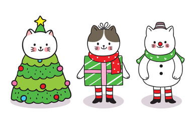 Naklejka premium Hand draw cartoon cute Merry Christmas, Macot cats tree christmas and gift box and snowman vector.