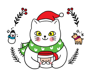 Hand draw cartoon cute Merry Christmas, Cat and santa claus cup coffee vector.