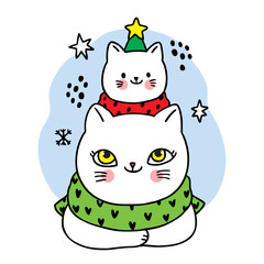 Hand draw cartoon cute Merry Christmas, Mom and baby cat like tree christmas vector.