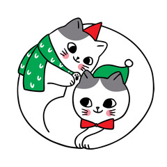 Hand draw cartoon cute Merry Christmas, Couple cats vector.
