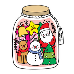 Hand draw cartoon cute Merry Christmas, Santa claus, deer, snowman  and decoration christmas in glass bottel vector.