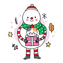 Hand draw cartoon cute Merry Christmas, Snowman and cat in gift box vector.