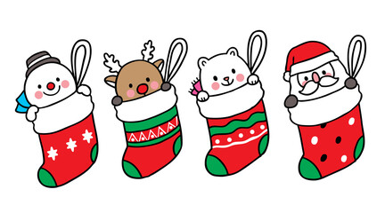 Hand draw cartoon cute Merry Christmas, Snowman, deer, polar bear and santa claus in big socks vector.