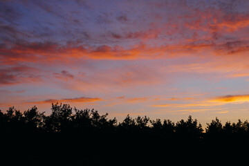 Breathtaking early sunrise over the forest with orange, goldlike and pink clouds.