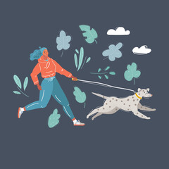 Vector illustration of Woman running with dog on dark background.