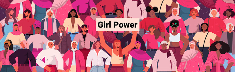 mix race girls standing together female empowerment movement women's power union of feminists concept horizontal portrait vector illustration