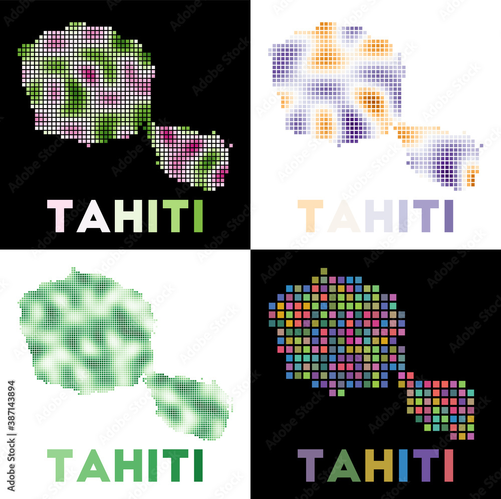 Poster tahiti map. collection of maps of tahiti in dotted style. borders of the island filled with rectangl