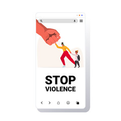big fist threatens woman and her baby mother protects child from danger stop domestic violence and aggression smartphone screen full length vector illustration
