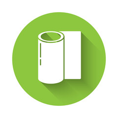 White Fitness mat roll icon isolated with long shadow. Yoga mat rolled. Sport equipment. Green circle button. Vector Illustration.