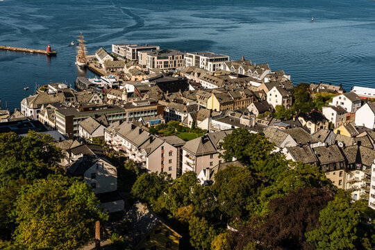Aerial view of a distric of &Aring;lesund Norway on a sunny day