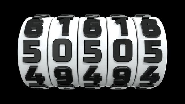 Animation of a counter of five digits rotating at different speeds. Seamless loop.