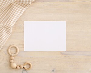 White empty card mockup for nursery print, baby shower invitation, greeting card, composition with...