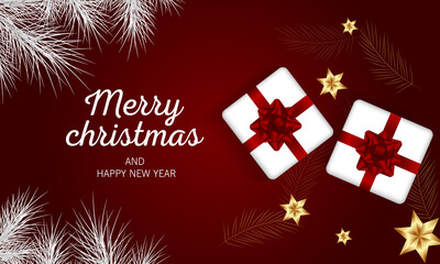 Merry Christmas and Happy New Year greeting card with festive Christmas balls and gifts. Vector holiday illustration