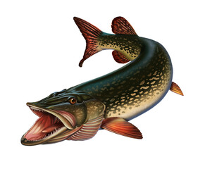 Great northern pike on the hunt illustration isolate art. Grass pickerel under water in attack.