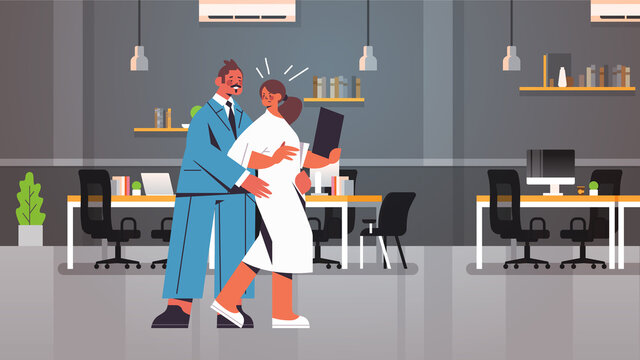 businessman molesting female employee sexual harassment at workplace businesswoman feeling disgusted office interior horizontal full length vector illustration