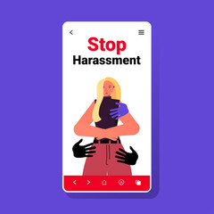 hands touching african american woman stop harassment and abuse no sexual violence concept smartphone screen vector illustration