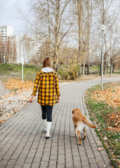 Fototapeta premium A young girl walks along the alley in the park with her dog.