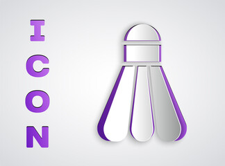 Paper cut Badminton shuttlecock icon isolated on grey background. Sport equipment. Paper art style. Vector Illustration.
