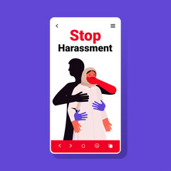 hands touching arab woman with closes mouth stop harassment and abuse no sexual violence concept smartphone screen vector illustration