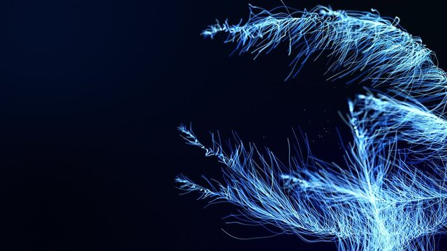 Abstract bg like winter frost pattern in 3d space. Particles form branches like frost patterns from blue christmas tree branches. Christmas background, spreading frost like a window freezes but in 3d.