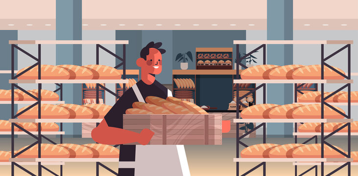 male baker in uniform holding baguettes bakery products baking manufacture concept portrait horizontal vector illustration