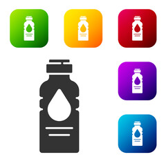 Black Bottle of water icon isolated on white background. Soda aqua drink sign. Set icons in color square buttons. Vector Illustration.