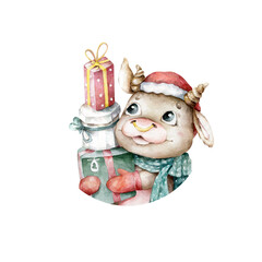 Happy Chinese new year greeting card. 2021 zodiac. Cute cow with gift box. Animal holidays cartoon scandinavian santa character. Hand drawn watercolor illustration isolated on white background