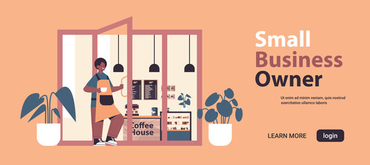 male barista in uniform working in modern coffee house waiter in apron holding door small business owner concept horizontal full length copy space vector illustration