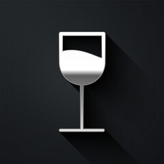 Silver Wine glass icon isolated on black background. Wineglass sign. Long shadow style. Vector Illustration.