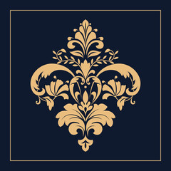 Damask graphic ornament. Floral design element. Gold and dark blue vector pattern