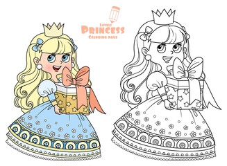 Cute princess in blue dress holding a gift in hands outlined and color for coloring book © Azuzl