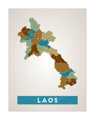 Laos map. Country poster with regions. Old grunge texture. Shape of Laos with country name. Authentic vector illustration.