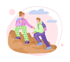 Romantic couple climbing up cliff or mountain, flat cartoon vector illustration isolated on white background. Pair of hikers or tourists man and woman helping each other.