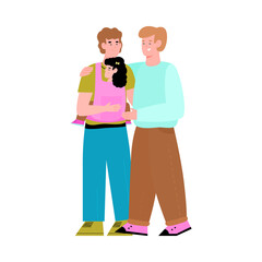 Gay couple in love raise a child together, flat cartoon vector illustration isolated on white background. Parenting in LGBT or homosexual couples concept.