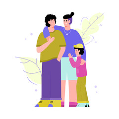 Huggying LGBT homosexual couple with child at backdrop of decorative leaves, flat vector illustration isolated on white background. Family relations and parenting.