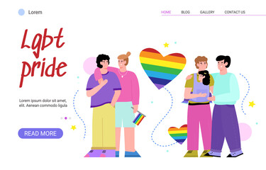 LGBT pride web banner mockup with lesbian and homosexual people, flat cartoon vector illustration. LGBT community international movement for equal rights support.