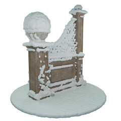 Wooden pergola with trellis and vase, covered with snow