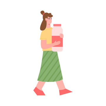 Female volunteer carry large bottle for food donation for hungry, poor and homeless. Concept of social support and charity. Vector cartoon flat illustration