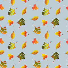 Pattern with autumn leaves in vector on a gray-blue background. Oak leaves and other Autumn leaf fall. Design for sites. Thanksgiving Day. Autumn vector seamless background