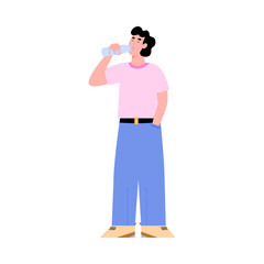 Young man drinks clear potable water from a bottle. Guy enjoys the mineral or drinking water. Healthy lifestyle. Vector illustration isolated on a white background.