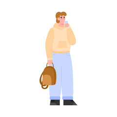Modern young man in casual wear drinking water from plastic glass, flat vector illustration isolated on white background. Rehydrating of body and water balance restore.