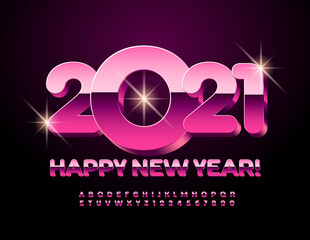 Vector stylish greeting card Happy New Year 2021! Pink 3D Font. Metallic bright Alphabet Letters and Numbers