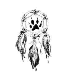 Mystical dream catcher with wolf paw print and feathers on the Hoop, drawing with a liner for Halloween.