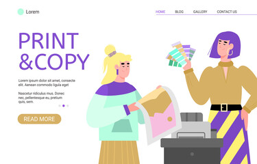 Print and copy service website interface template with cartoon characters of people working on modern polygraphy printing equipment, flat vector illustration.