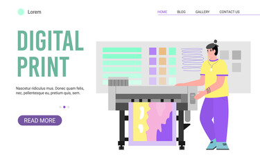 Website page for digital print service cartoon flat vector illustration. Polygraphy and typography printing works banner template for web or landing page.