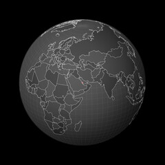 Dark globe centered to Qatar. Country highlighted with red color on world map. Satellite world projection. Vibrant vector illustration.